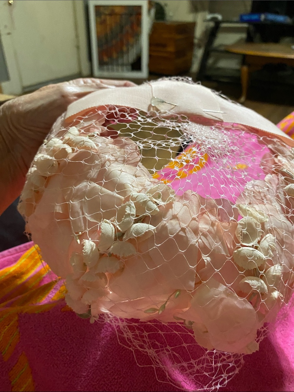 Birdcage veil Fascinator delicate pink netting adorned with fabric flowers 1950s